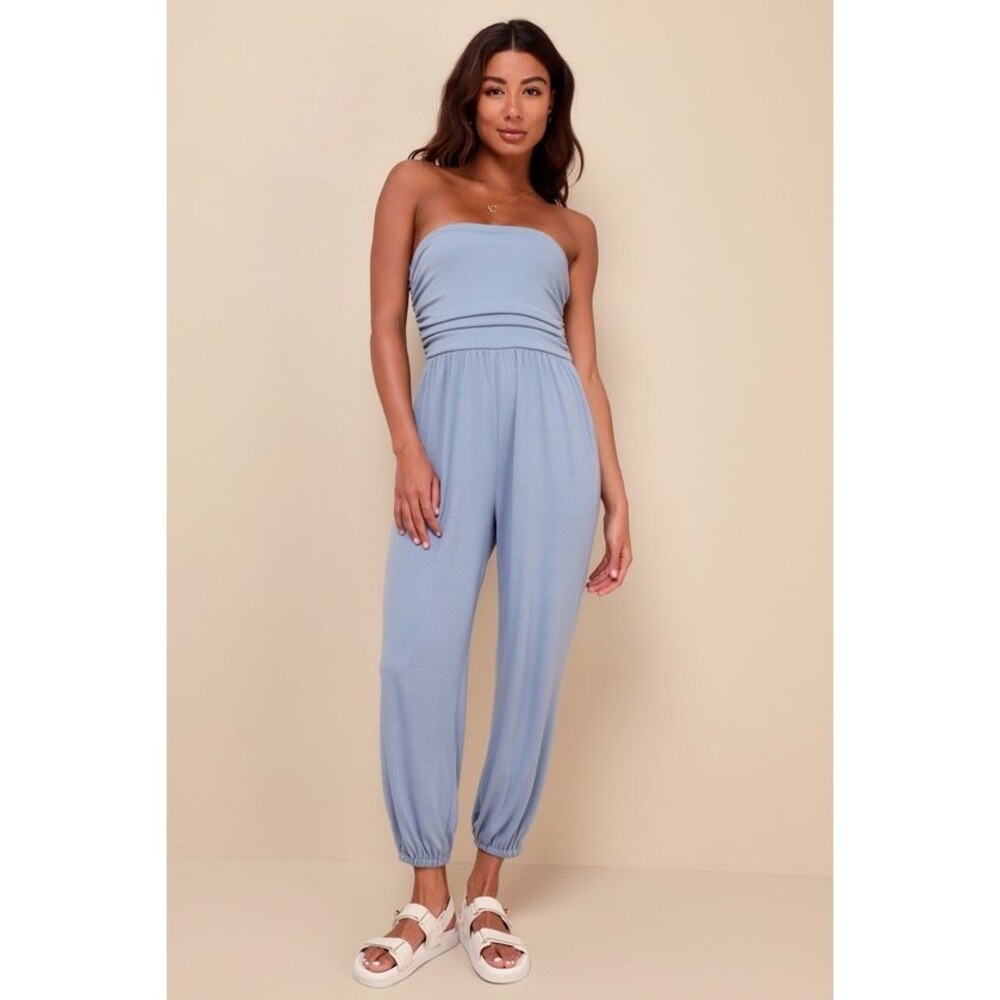 Lulus Flawless Comfort Light Blue Ruched Strapless Jogger Jumpsuit - Size L